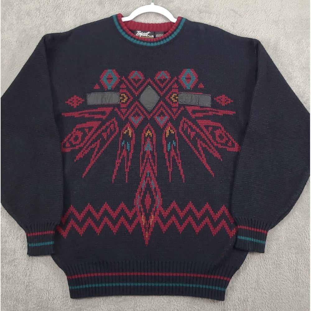 Vintage Mens Impact Sweater‎ Sz XL Black Aztec Tribal Leather Patch